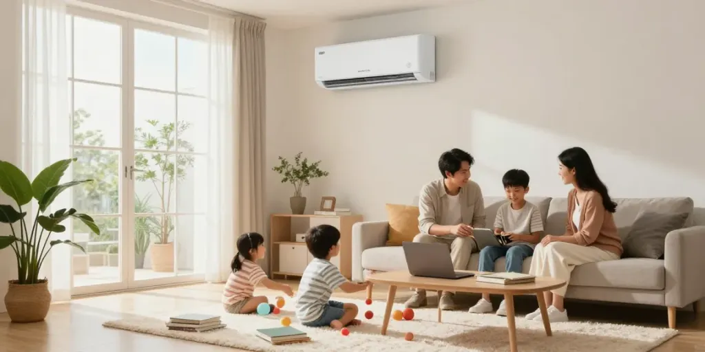 Family enjoying comfort of mini split air conditioner in modern living room